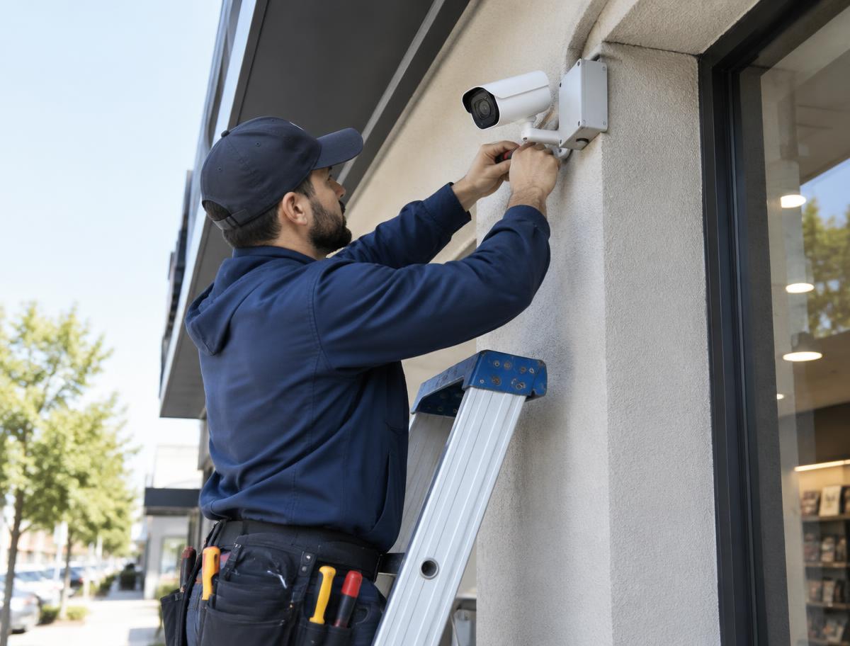 Technician installing security equipment